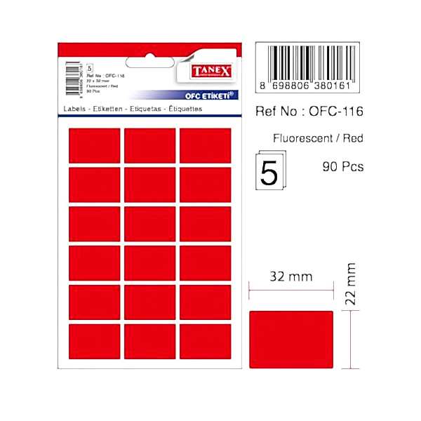 Tanex OFC-116 5 li Floresan Kırmızı Ofis Etiketi