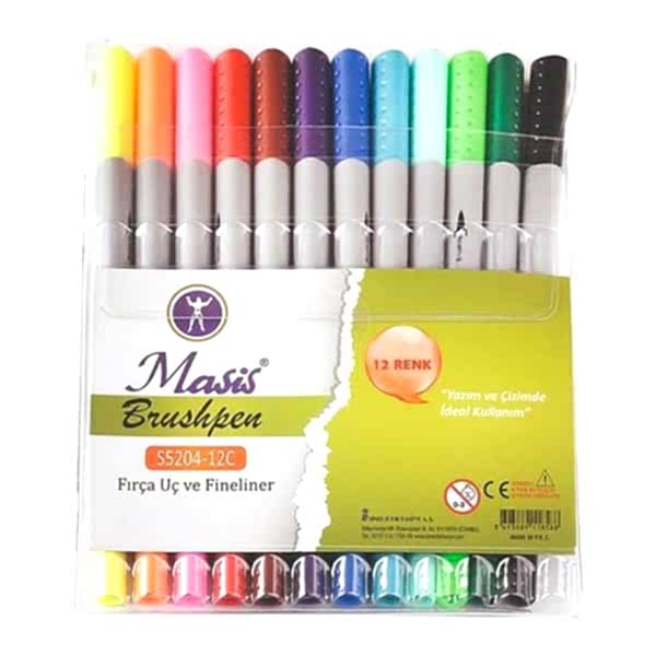 Masis S5204-12C 12 Renk PVC Fırça Uç Fineliner Keçeli Kalem