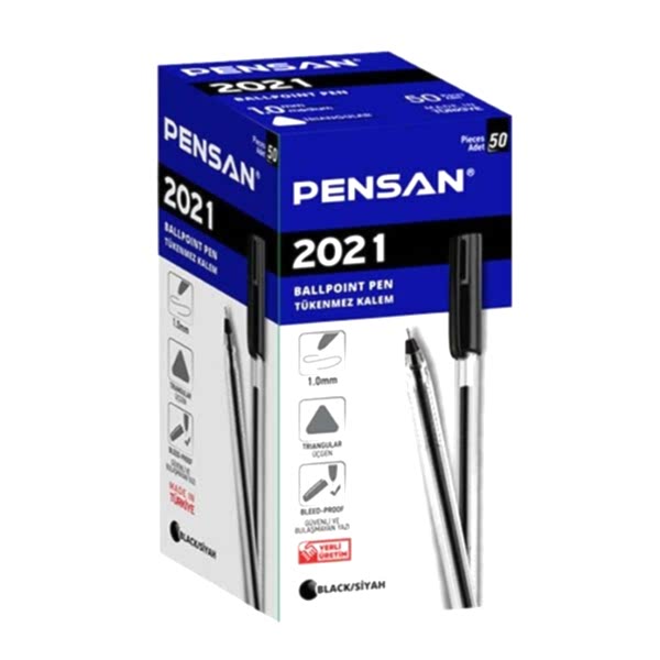 Pensan 2021 50 li Üçgen Gövdeli Şeffaf Siyah Tükenmez Kalem