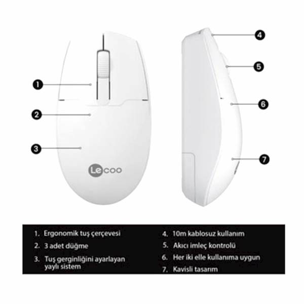 Lecoo Lenovo Ws204 Beyaz Kablosuz 1200dpı 3 Tuşlu Optik Mouse
