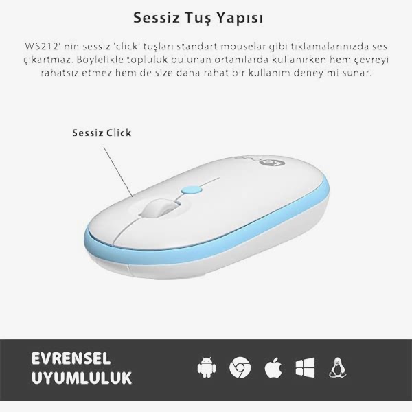 Lenovo Lecoo WS212 Beyaz-Mavi Kablosuz 1600DPI 4 Tuşlu Optik Mouse